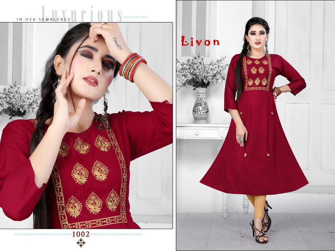 Trendy Lion Latest Fancy Casual Wear Staright Cut  Rayon Designer Embroidery Kurti Collection